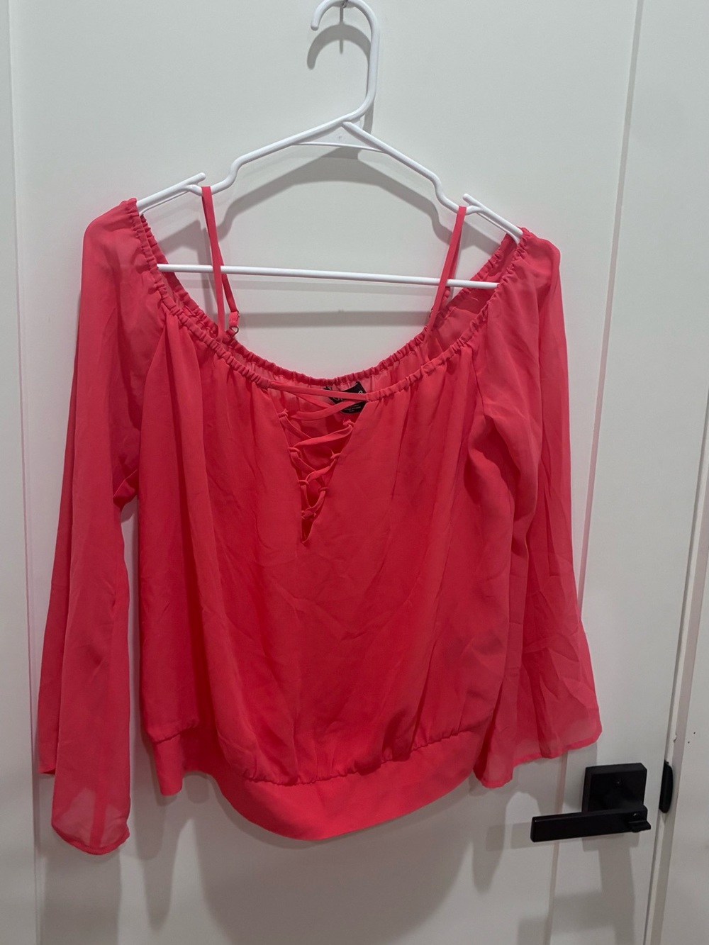 bebe Coral Pink Off-Shoulder Lace-Up Blouse